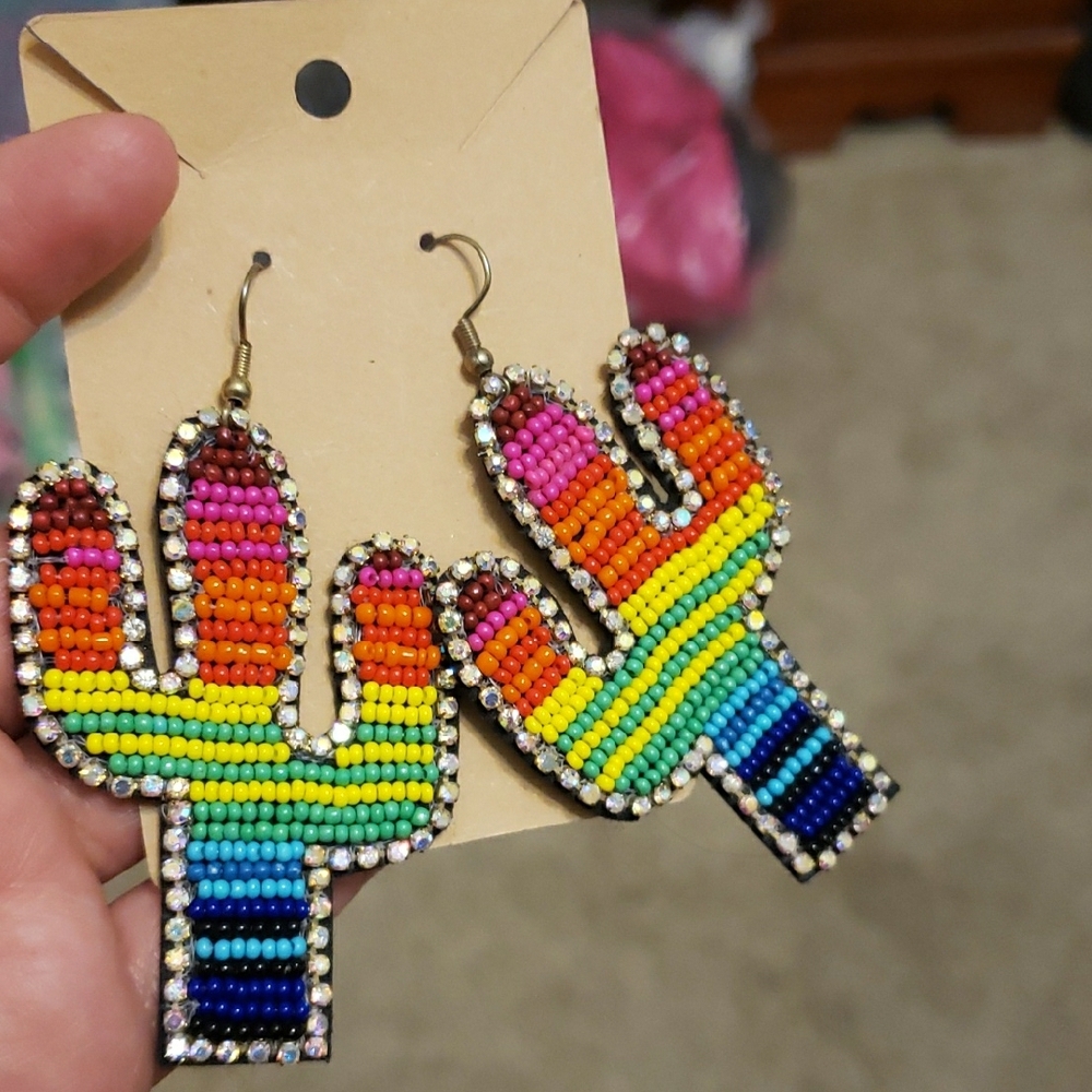 Colorful Beaded Cactus Earrings